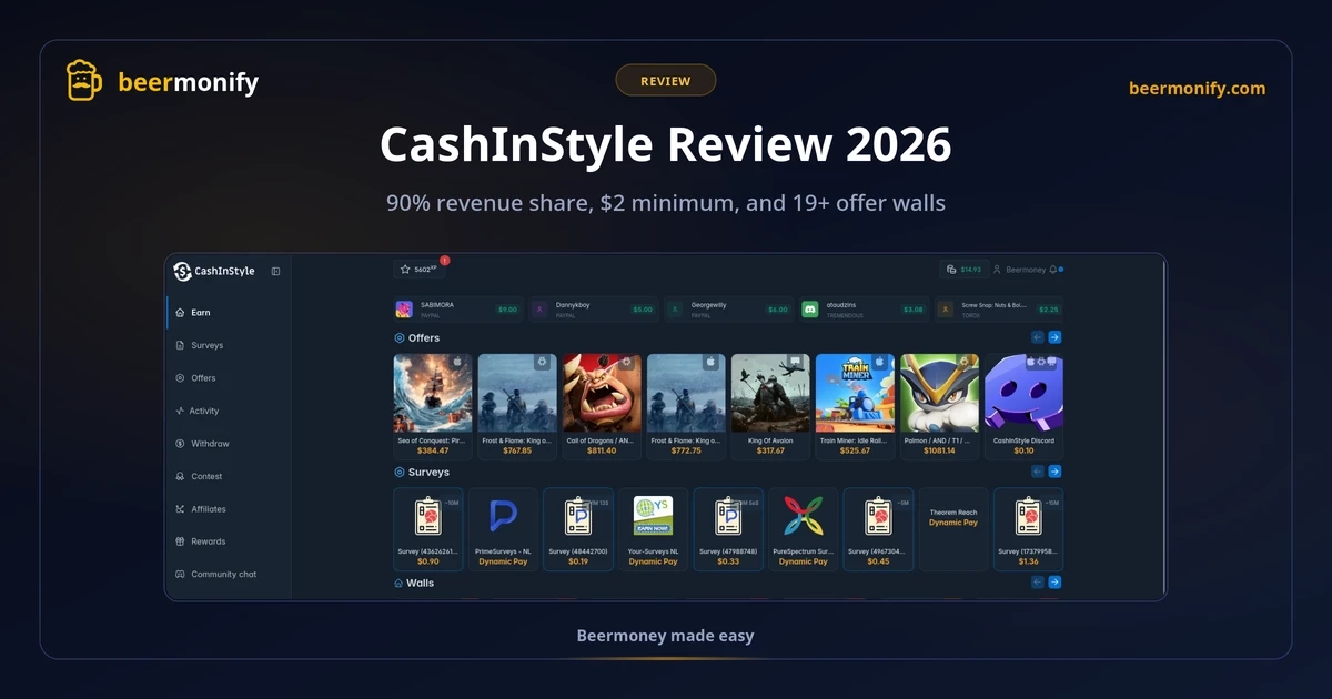 CashInStyle review 2026: GPT platform with surveys, offers, and low minimum withdrawal