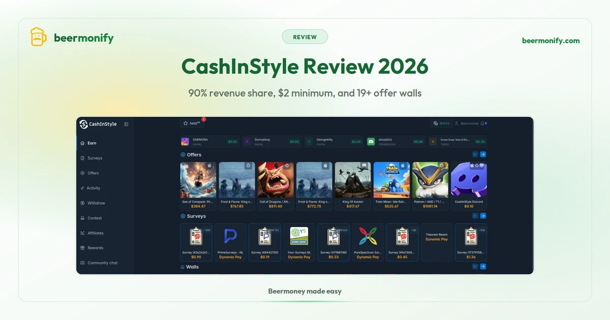 CashInStyle review 2026: GPT platform with surveys, offers, and low minimum withdrawal