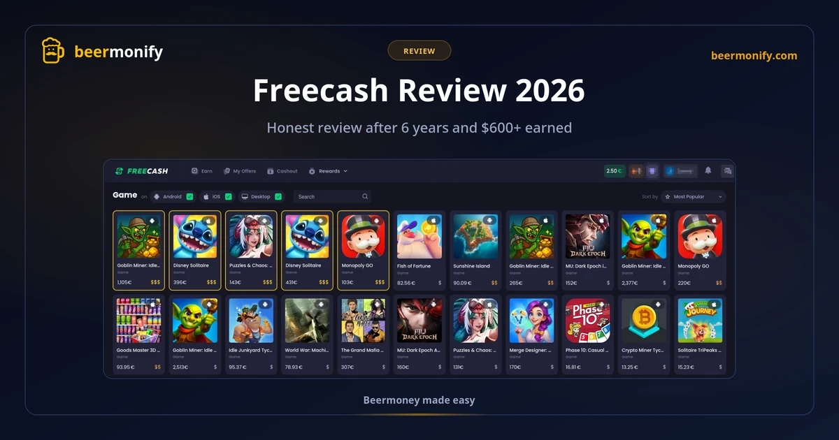 Freecash review 2026: cashout page showing PayPal, crypto, and gift card withdrawal options