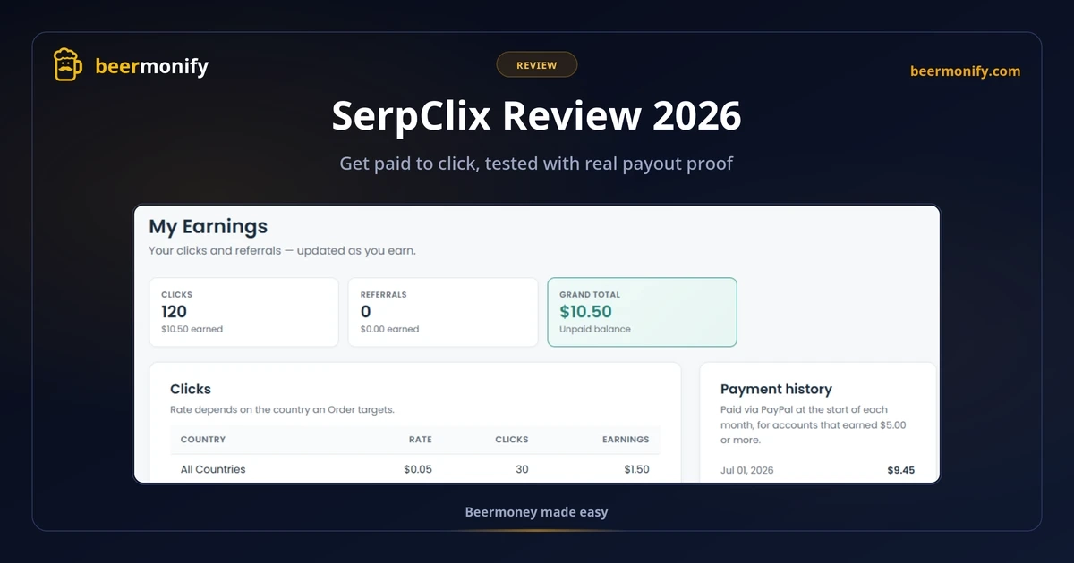 SerpClix earnings dashboard showing 120 clicks worth $10.50 and a $9.45 PayPal payment