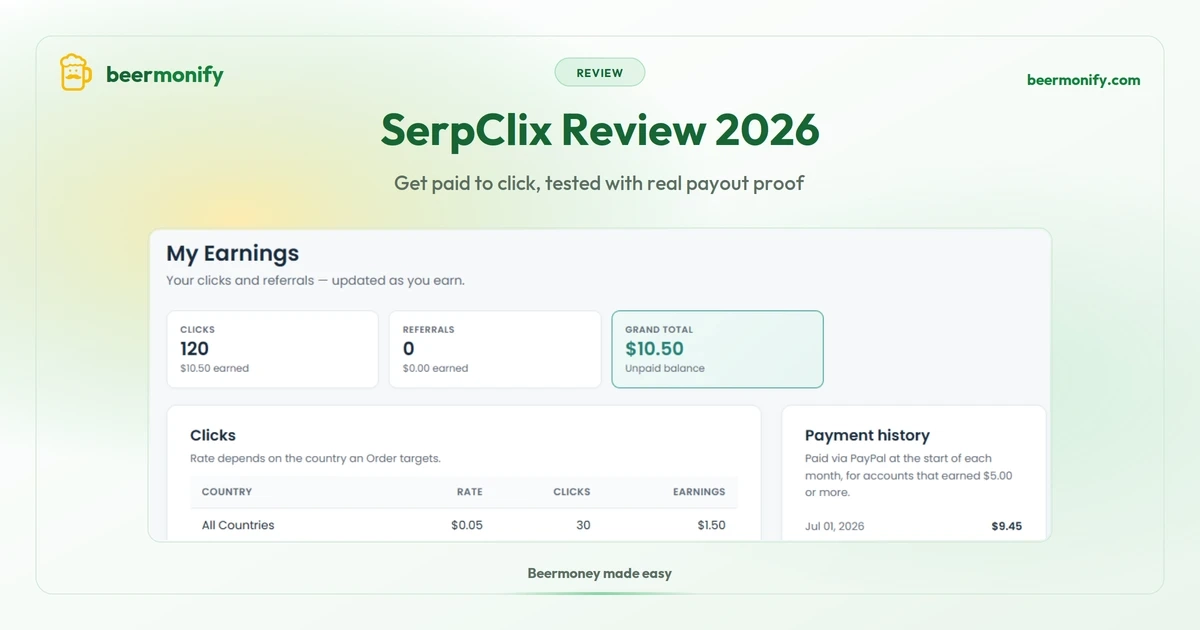 SerpClix earnings dashboard showing 120 clicks worth $10.50 and a $9.45 PayPal payment