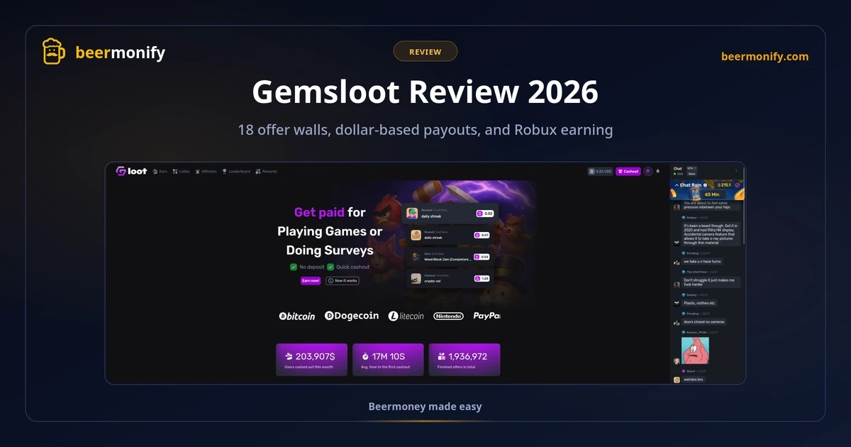 Gemsloot review 2026: homepage showing get paid for playing games, crypto withdrawal options, live chat, and $203K cashed out this month