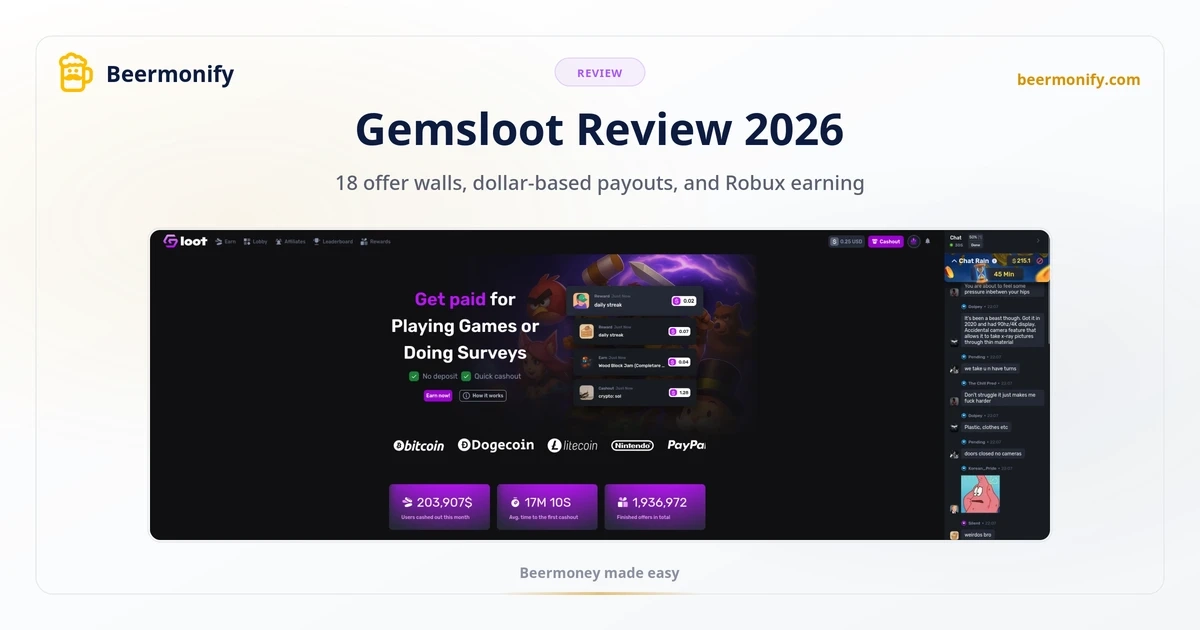 Gemsloot review 2026: homepage showing get paid for playing games, crypto withdrawal options, live chat, and $203K cashed out this month