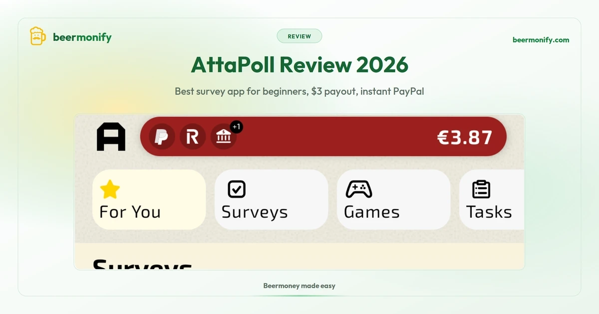 AttaPoll review 2026: mobile survey app showing available surveys with estimated time and earnings