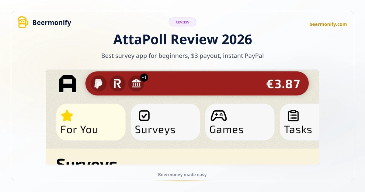 AttaPoll review 2026: mobile survey app showing available surveys with estimated time and earnings