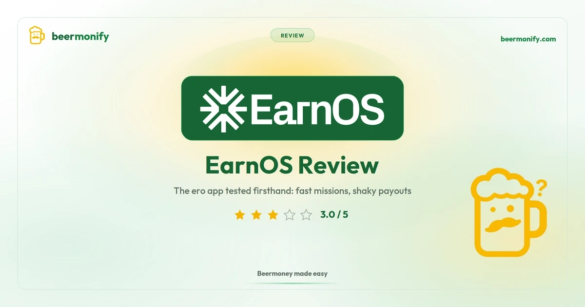 EarnOS review with the ero app earnings dashboard showing $29 earned across 15 missions