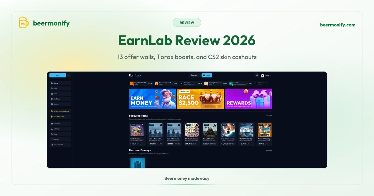 EarnLab review 2026: dashboard showing featured tasks, offer walls, surveys, and $2,500 monthly race