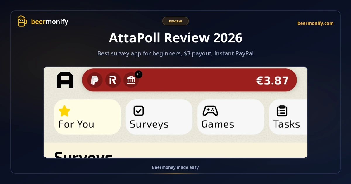 AttaPoll review 2026: mobile survey app showing available surveys with estimated time and earnings