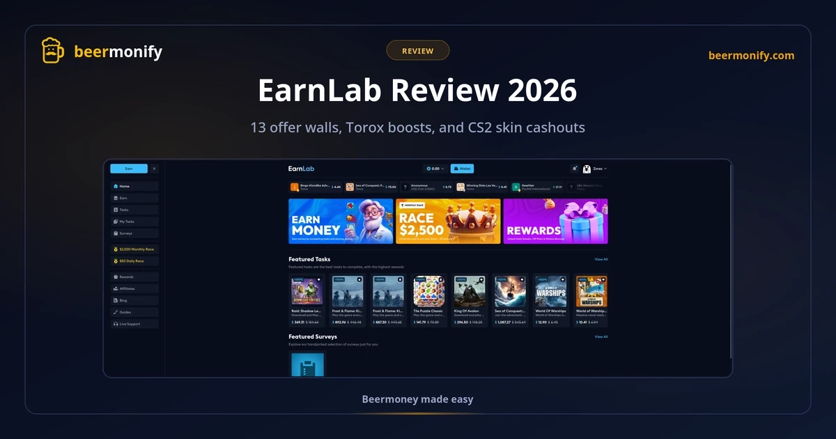 EarnLab review 2026: dashboard showing featured tasks, offer walls, surveys, and $2,500 monthly race