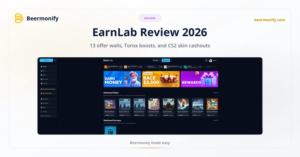 EarnLab review 2026: dashboard showing featured tasks, offer walls, surveys, and $2,500 monthly race
