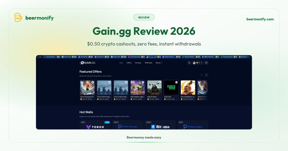 Gain.gg review 2026: earn page showing featured offers, hot walls including Torox and BitLabs, and top surveys