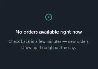 SerpClix ClickSense side panel showing No orders available right now, with a note to check back in a few minutes