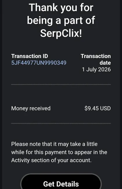 PayPal payment confirmation email from SerpClix showing $9.45 USD received on 1 July 2026